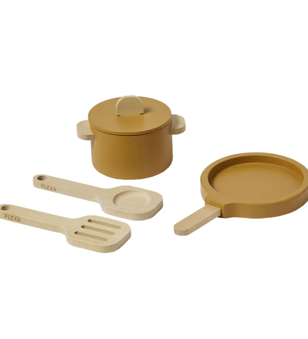 Legekøkken Og Legemøbel-Flexa Play Køkkensæt - Gryde og Pande - Mustard/Naturalwood