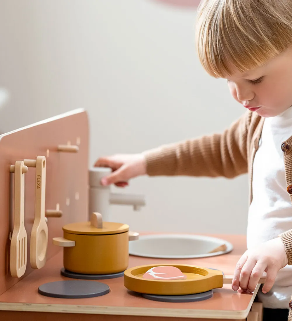 Legekøkken Og Legemøbel-Flexa Play Køkkensæt - Gryde og Pande - Mustard/Naturalwood