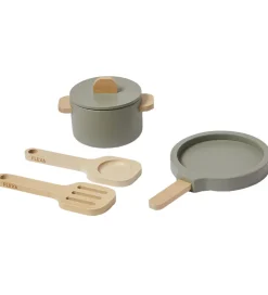 Legekøkken Og Legemøbel-Flexa Play Køkkensæt - Gryde og Pande - Greenish/Naturalwood