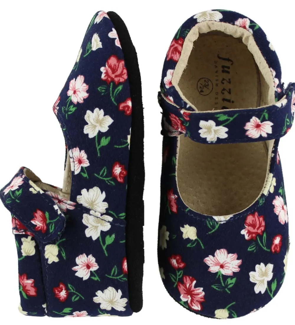 Skindfutter-Fuzzies Ballerina Hjemmesko - Flora - Navy m. Blomster