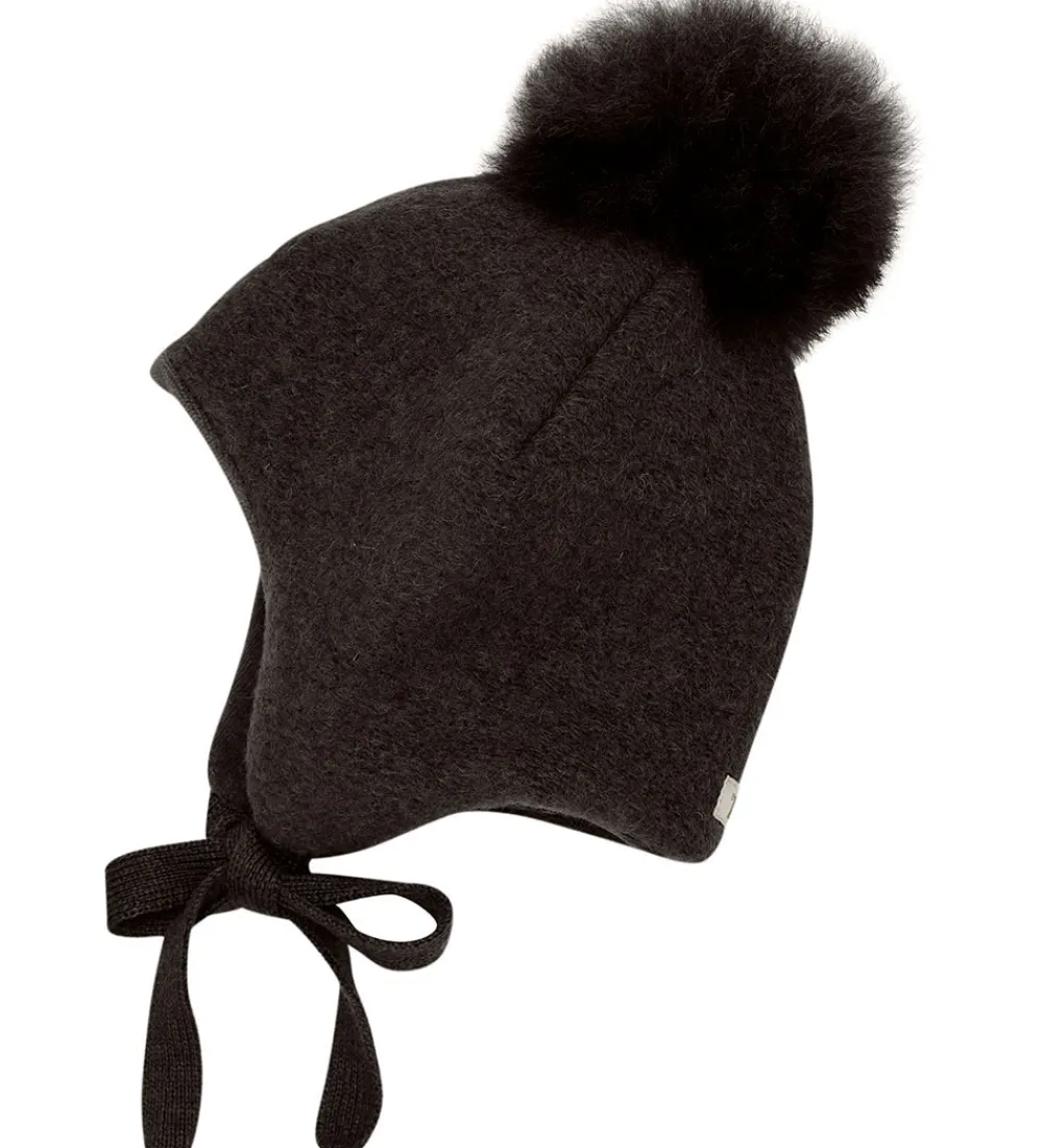 Huttelihut Huer Og Hatte|Babyhjelme*Hue - Uld - Dark Brown Melange m. Kvast