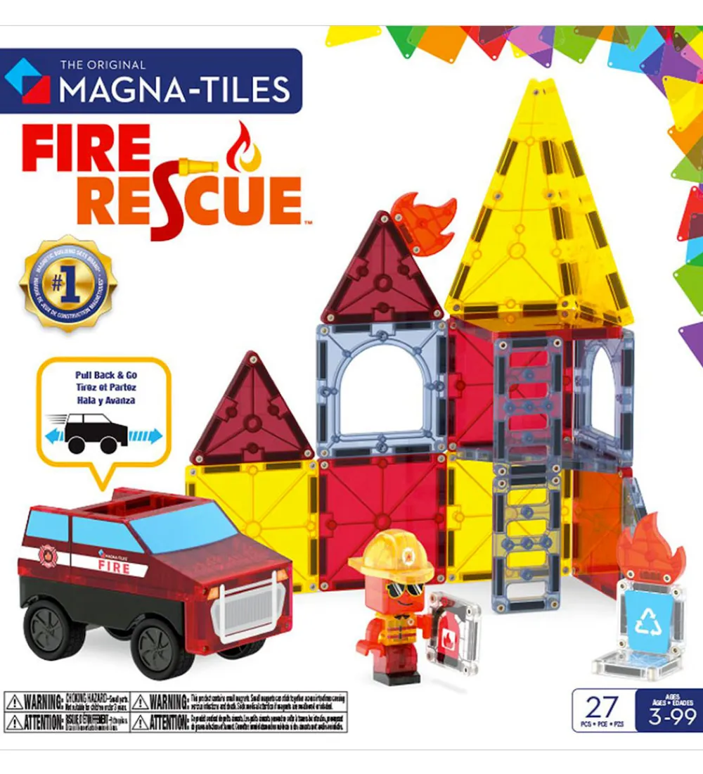 Magnetlegetøj|Konstruktionslegetøj-Magna-Tiles Magnetsæt - 27 Dele - Fire Rescue + MicroMAGS