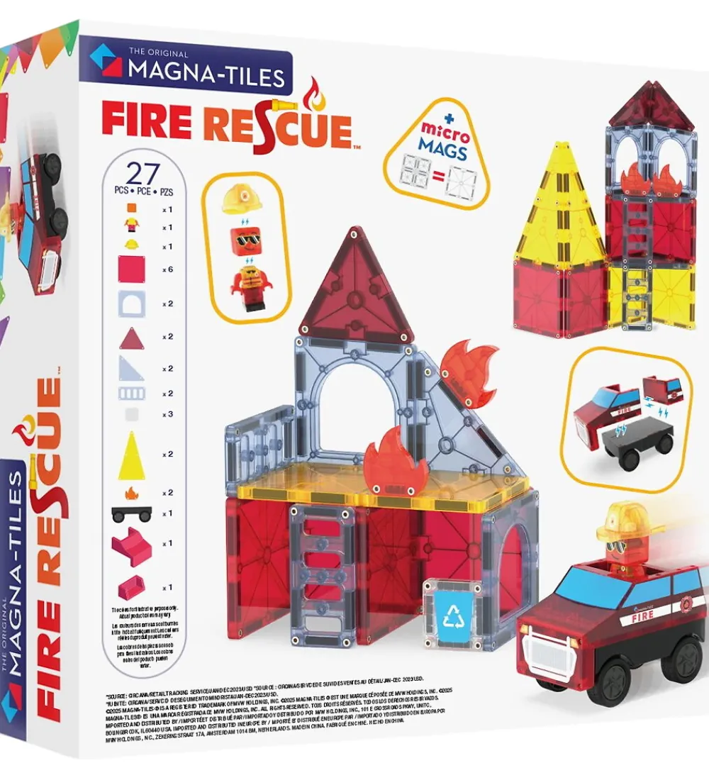 Magnetlegetøj|Konstruktionslegetøj-Magna-Tiles Magnetsæt - 27 Dele - Fire Rescue + MicroMAGS