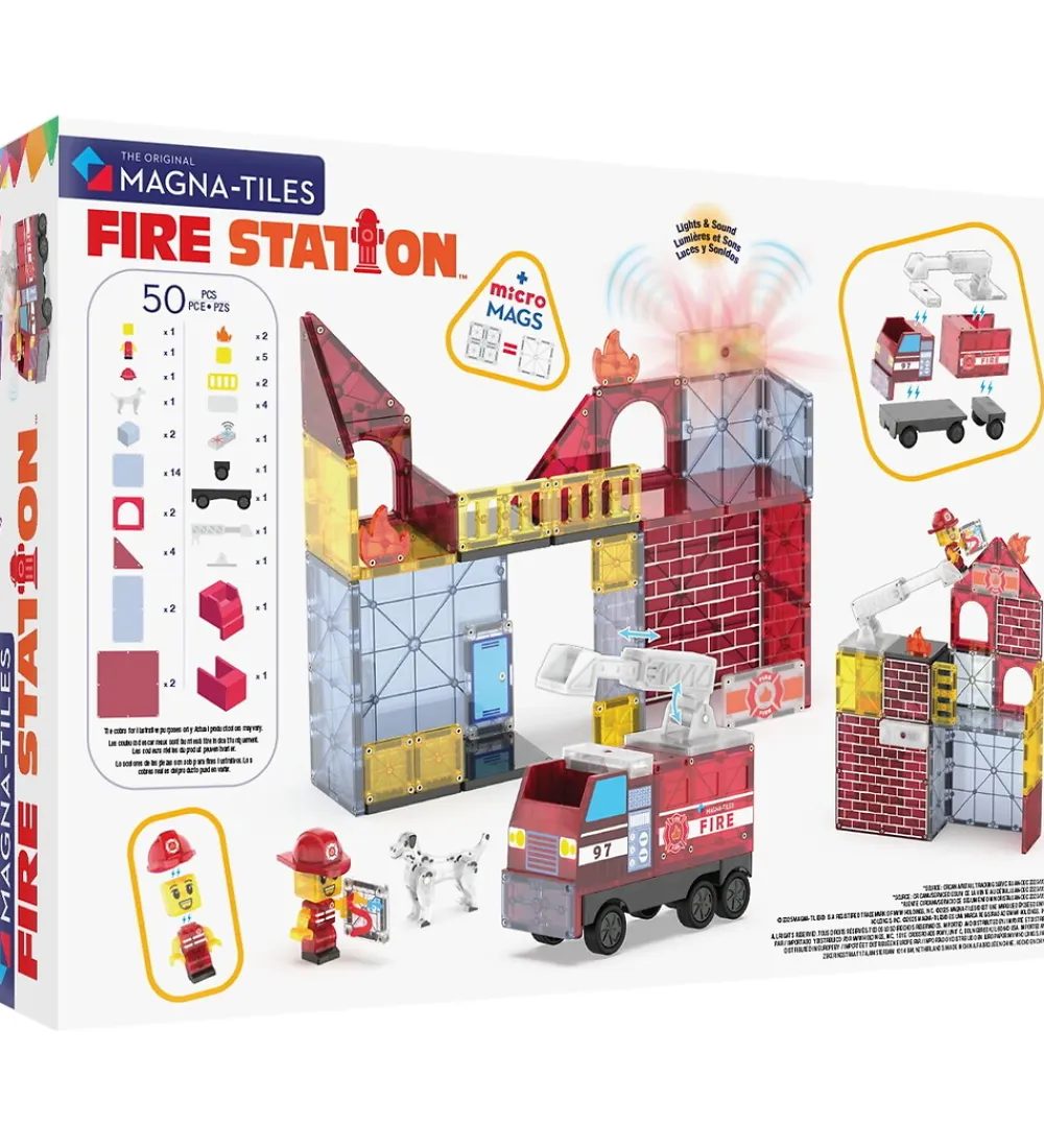 Magnetlegetøj|Konstruktionslegetøj-Magna-Tiles Magnetsæt - 50 Dele - Fire Station + MicroMAGS