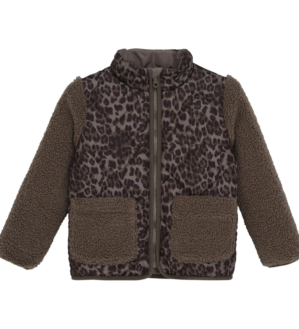 Fleece-Minymo Jakke - Chocolate Chip m. Leopardprint