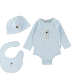 Savlesmække-Moncler Sæt - Hue/Savlesmæk/Body l/æ - Lyseblå m. Bamse
