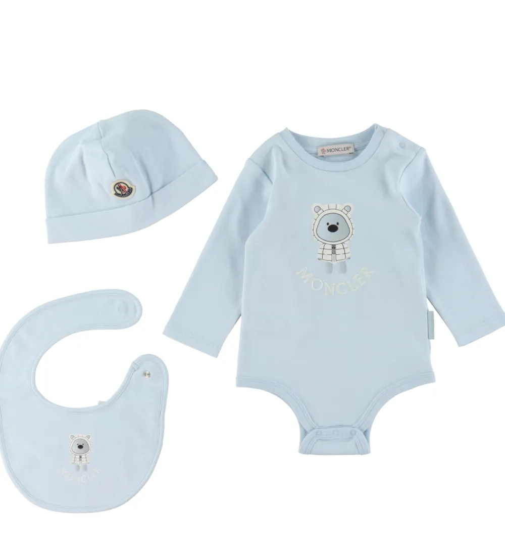 Savlesmække-Moncler Sæt - Hue/Savlesmæk/Body l/æ - Lyseblå m. Bamse