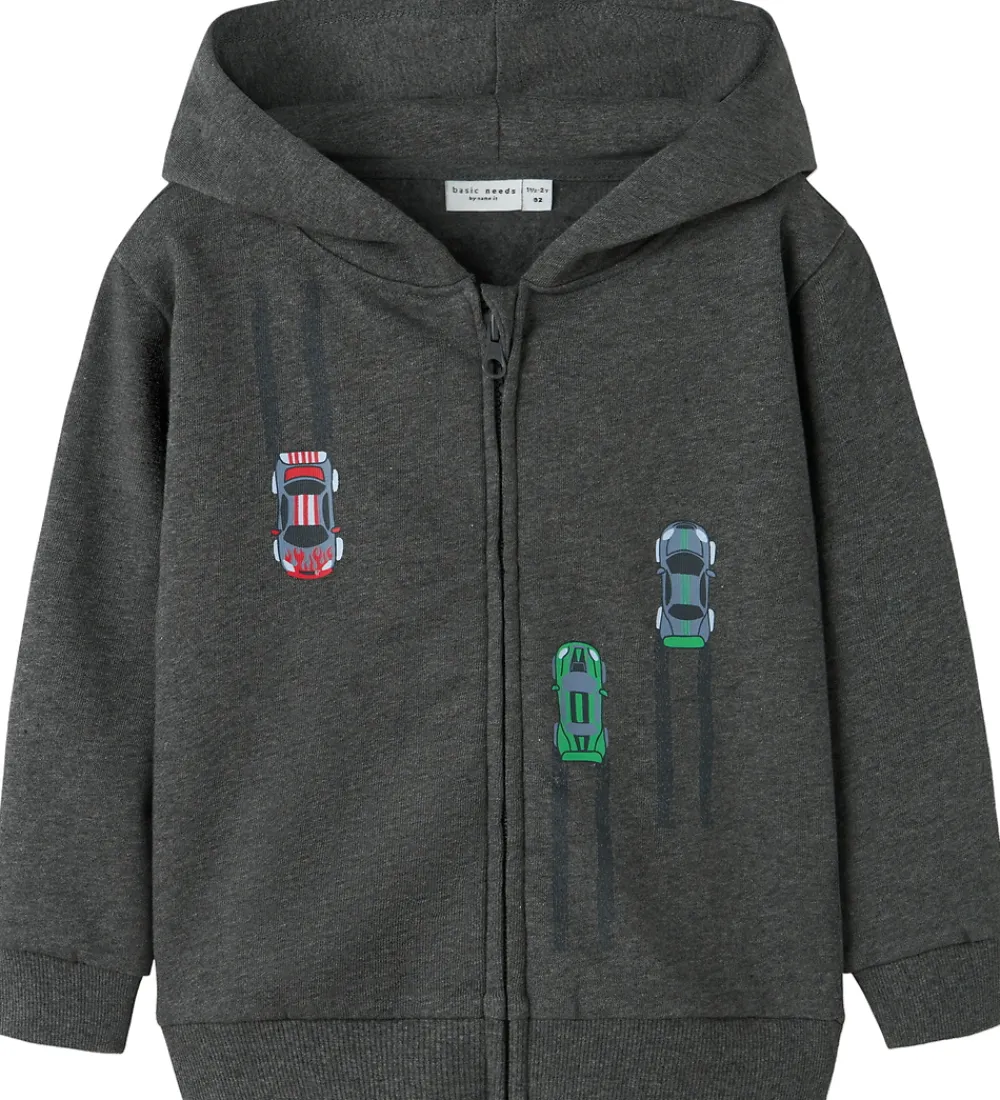 Name It Cardigans*Cardigan m. Hætte - NmmVoltinus - Dark Grey Melange/Cars