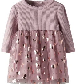 Name It Kjoler|Juletøj*Kjole - Rib/Tyl - NbfRosally - Keepsake Lilac m. Sløjfer