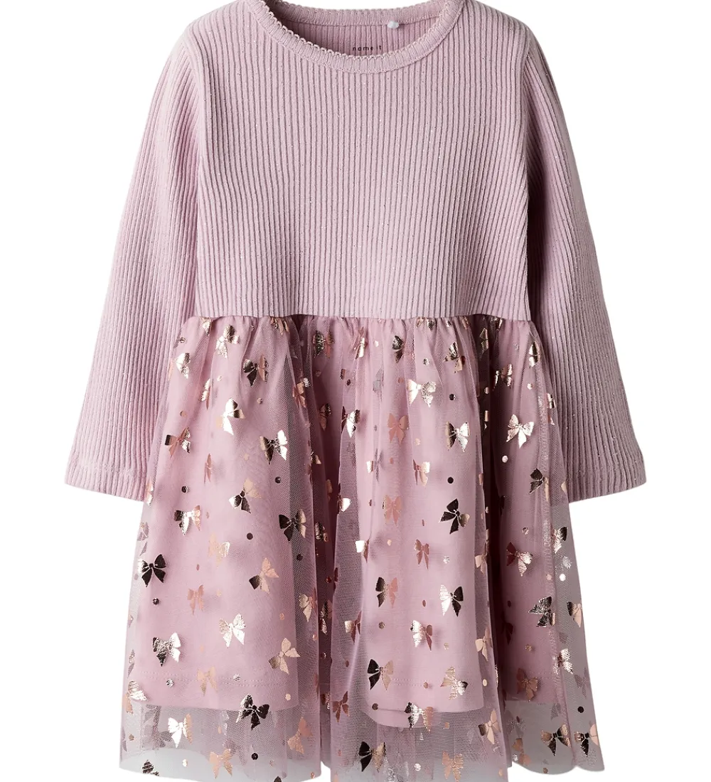 Kjoler|Juletøj-Name It Kjole - Rib/Tyl - NmfRosally - Keepsake Lilac m. Print