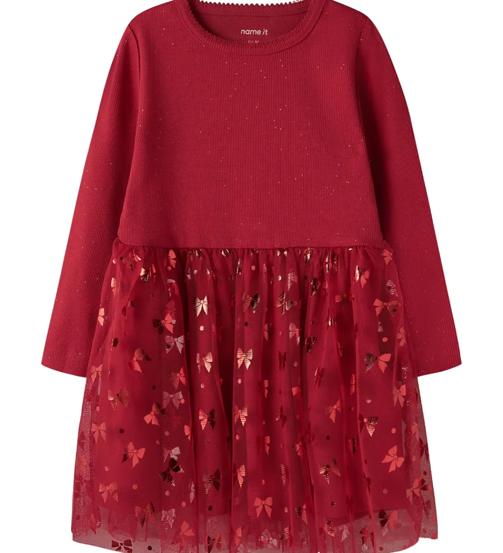 Kjoler|Juletøj-Name It Kjole - Rib/Tyl - NmfRosally - Jester Red m. Print