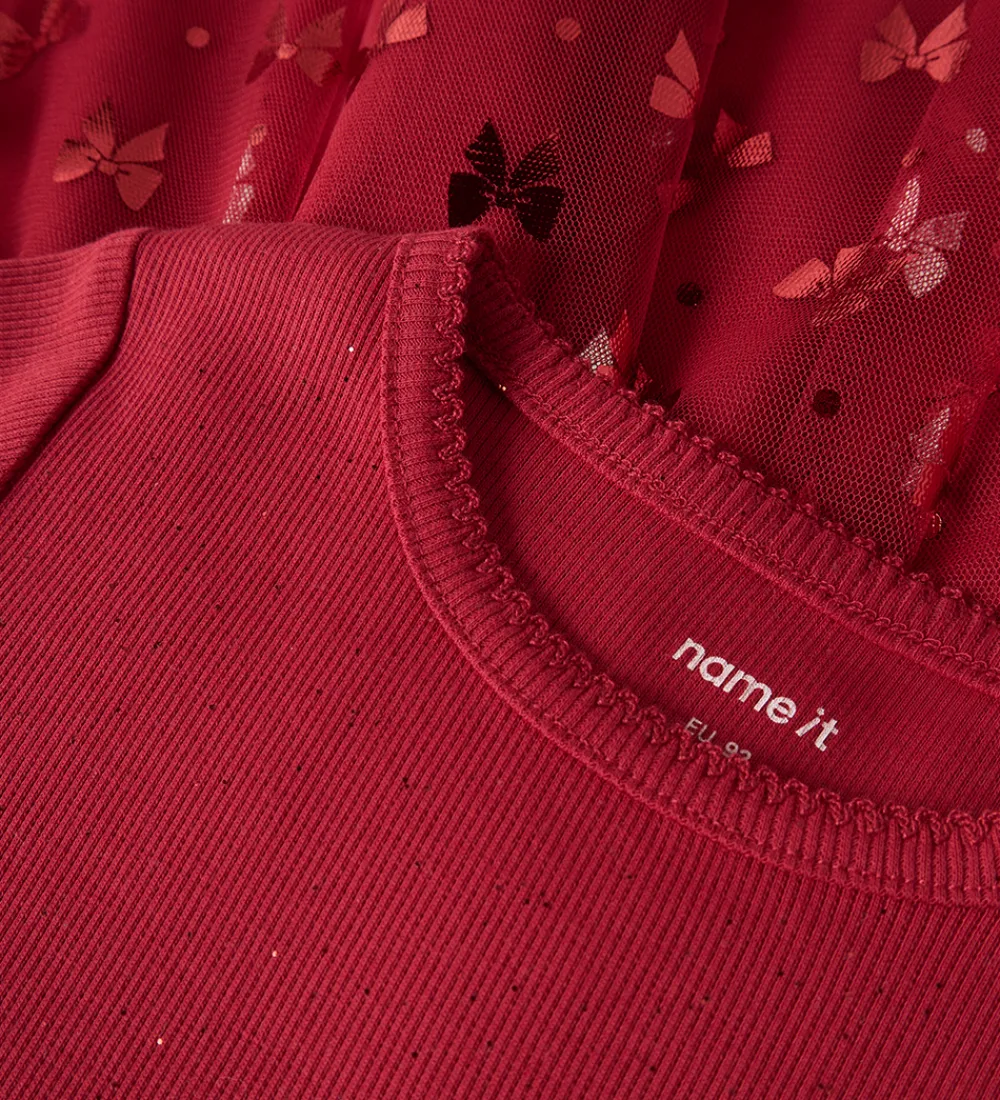 Kjoler|Juletøj-Name It Kjole - Rib/Tyl - NmfRosally - Jester Red m. Print