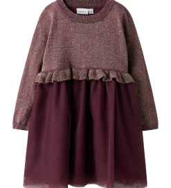 Name It Kjoler|Juletøj*Kjole - Strik - NmfRefraja - Burgundy m. Glimmer/Tyl