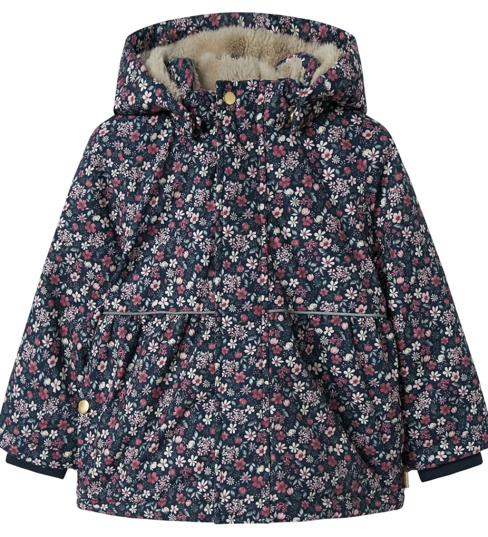 Vinterjakker-Name It Vinterjakke - NmfSnow05 - Dark Sapphire m. Blomster