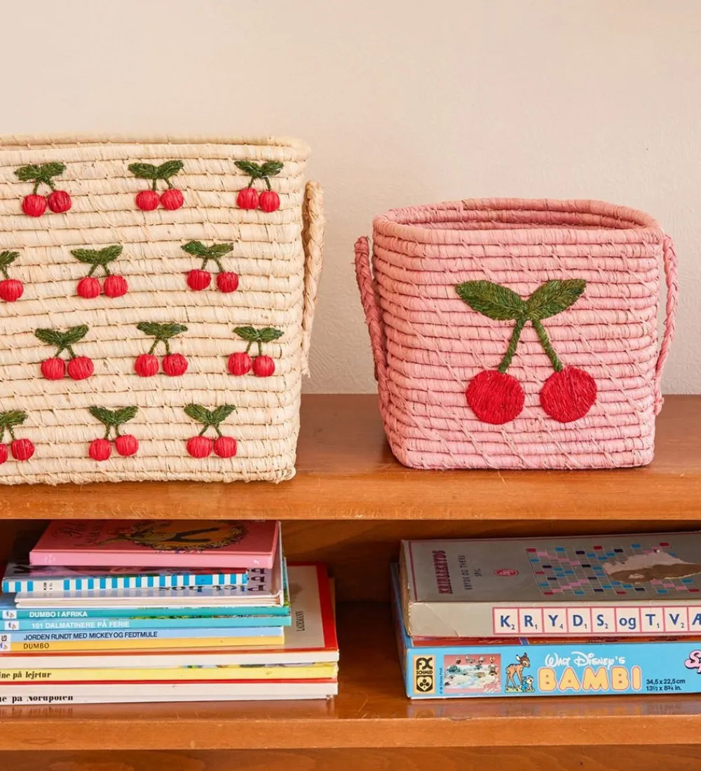 Rice Kurve|Opbevaring*Opbevaringskurv - Raffia/Søgræs - 20x20 cm - Pink/Kirsebær