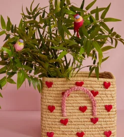 Rice Kurve*Opbevaringskurv - Raffia - 30x30x25 cm - Natur m. Hjerter