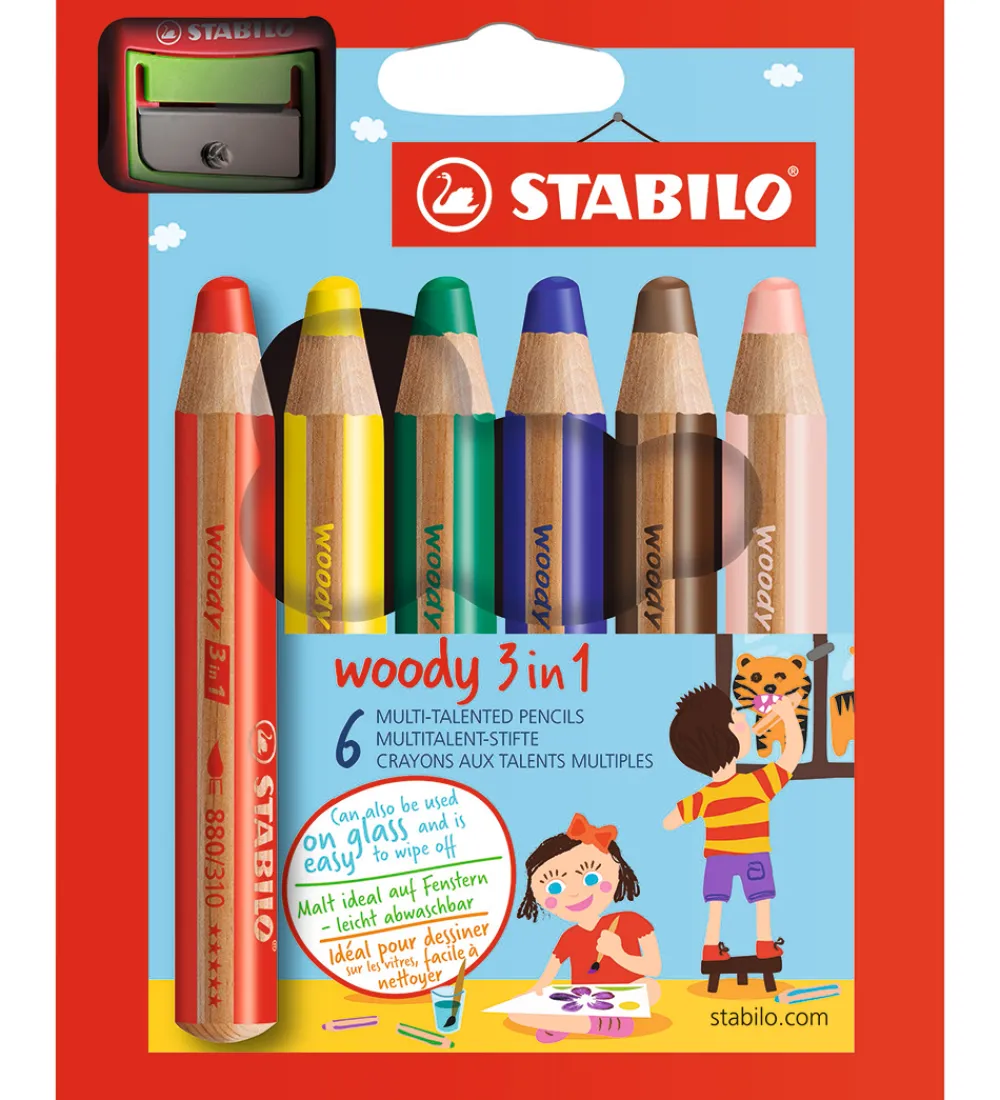 Tuscher Og Farver|Kreativ Leg-Stabilo Farveblyanter - Woody 3-i-1 - 6 Stk. - Multifarvet