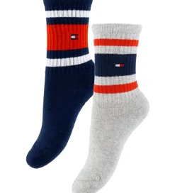 Strømper|Basis-Tommy Hilfiger Strømper - 2-pak - Navy/Gråmeleret m. Logostriber