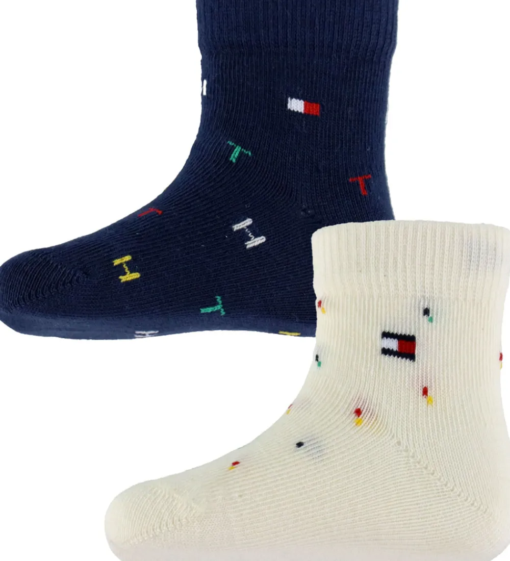 Strømper-Tommy Hilfiger Strømper - 2-pak - Tommy Original/Hvid m. Print