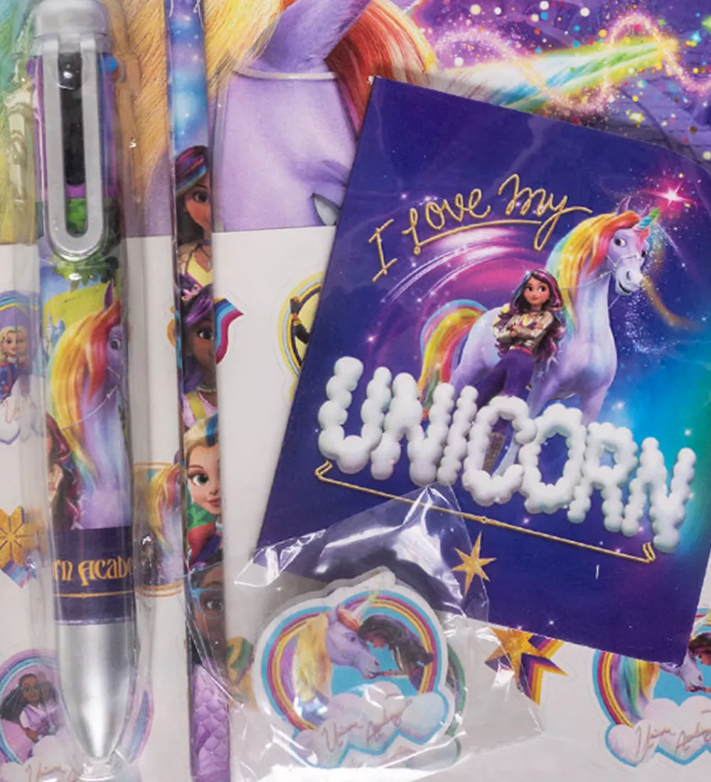 Tuscher Og Farver-Unicorn Academy Skrivesæt m. Multifarvet Kuglepen